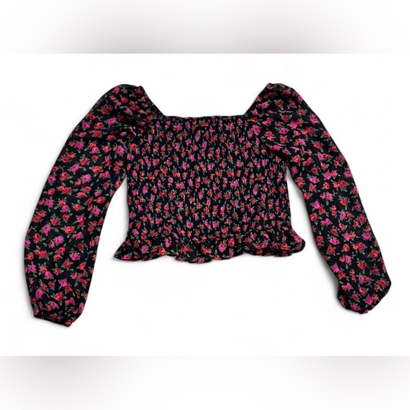 Art Class Women’s Cropped Black and Pink Floral Blouse with Sheer Sleeves - Picture 2 of 7